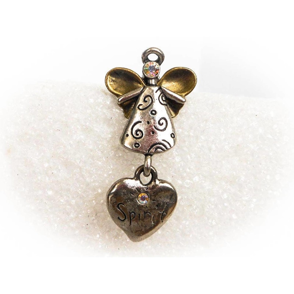 Vintage Angel Heart Dangle Pin Brooch , Aurora Borealis , Brass & Copper